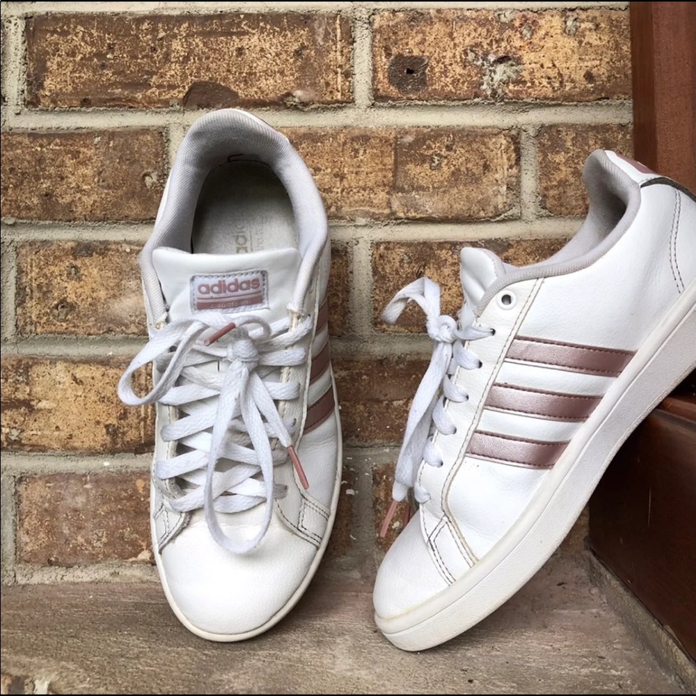 Adidas ortho light cloud foam sneakers with metallic Champagne pink stripes.